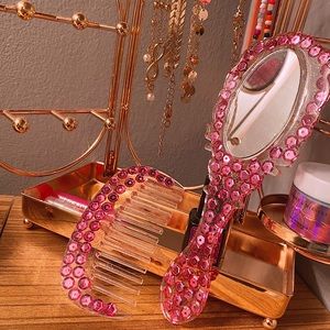 Handmade pink comb and mirror set